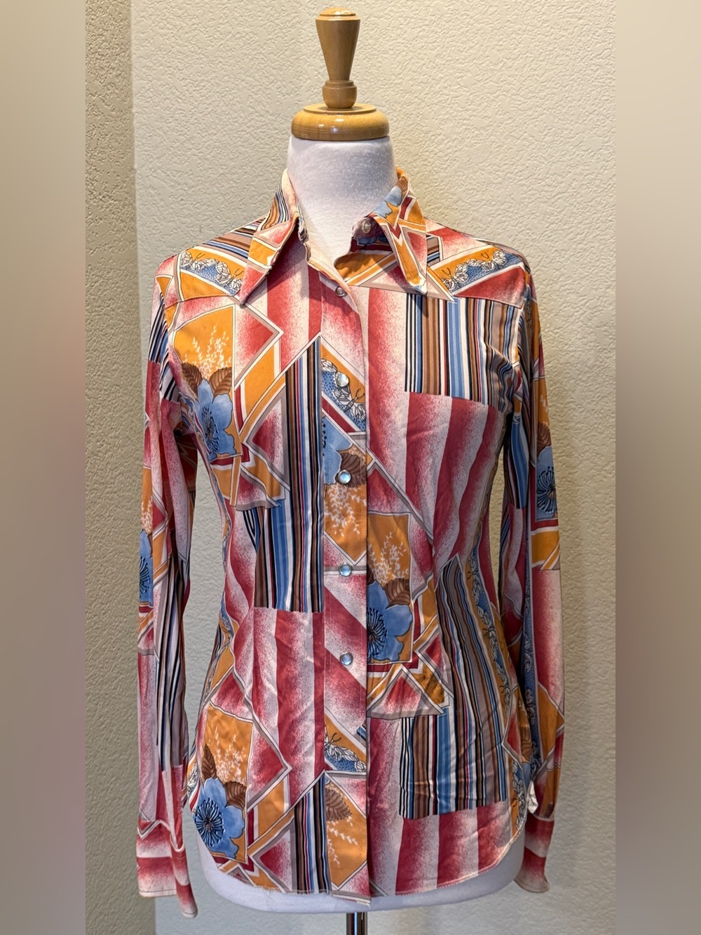 VTG 70s H Bar C Ranchwear  Retro Floral Western Pearl Snap Button Shirt Sz 36 S